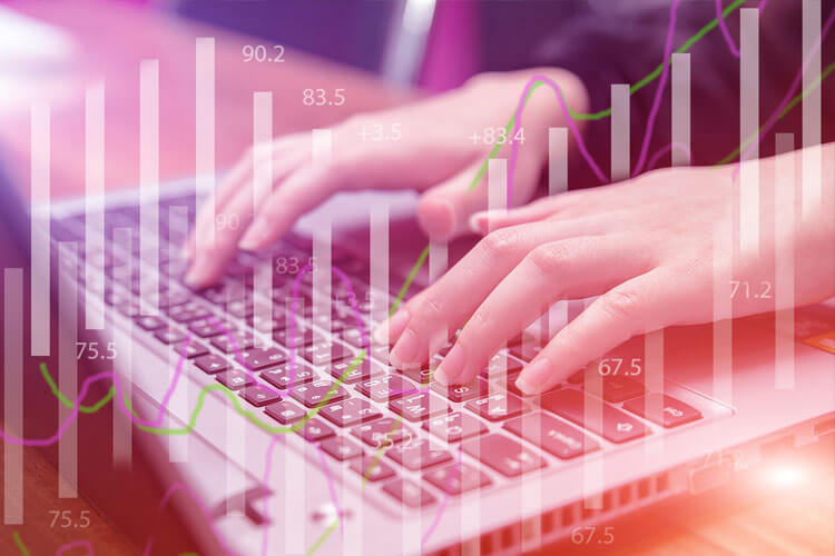 Graphic of an Information Technology Career Professional Typing on a laptop with a red overlay and white vertical lines